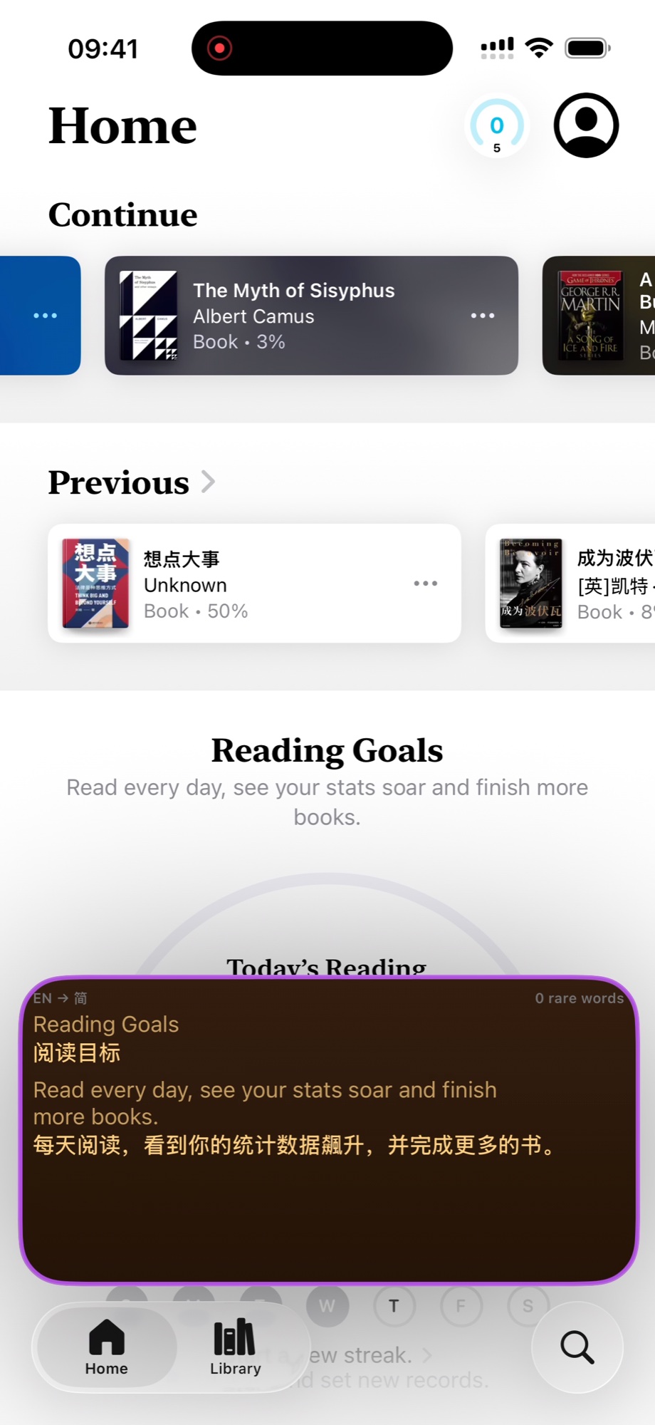 Floating window translating the Apple Books home screen line by line