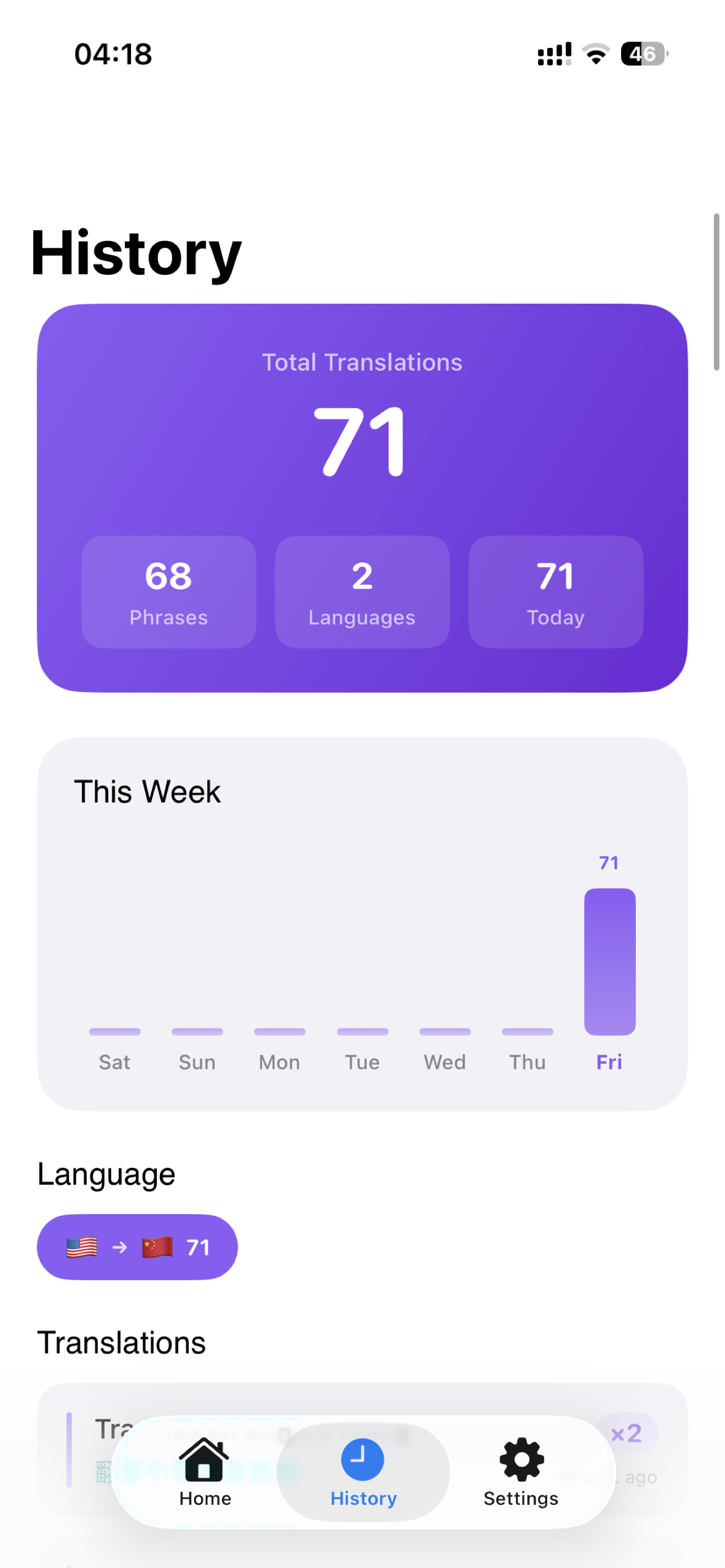 TransPeek History — translation stats dashboard with weekly chart and language breakdown
