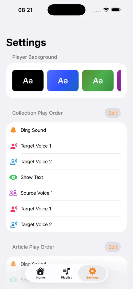 VoicePro Settings — Player Background and Play Order